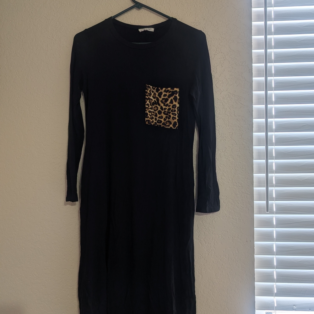 Elegant Black Dress with Leopard Accent